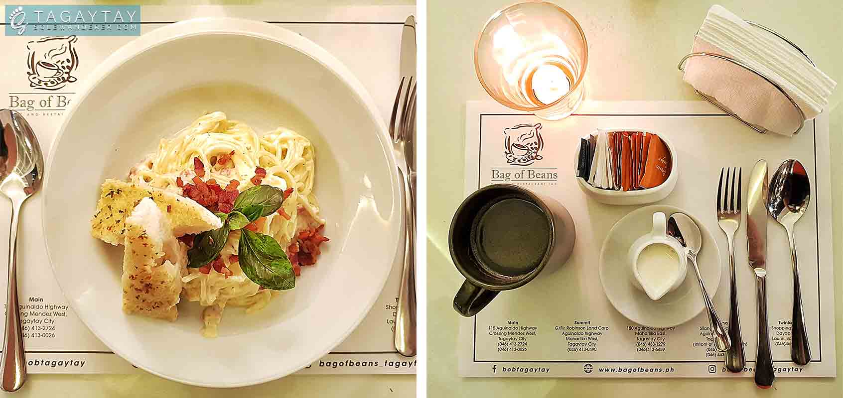 Bag of Beans Tagaytay Carbonara at Php 350, Barako Coffee (Bottomless) at Php 135