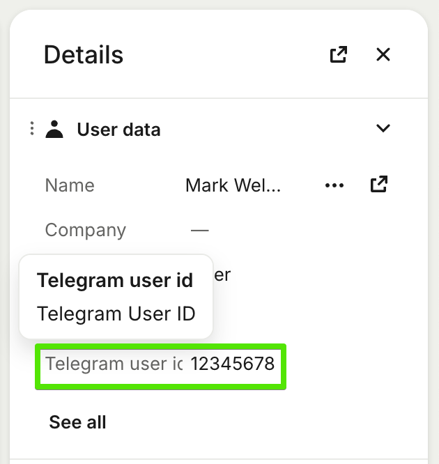 Right side Details panel with User data card