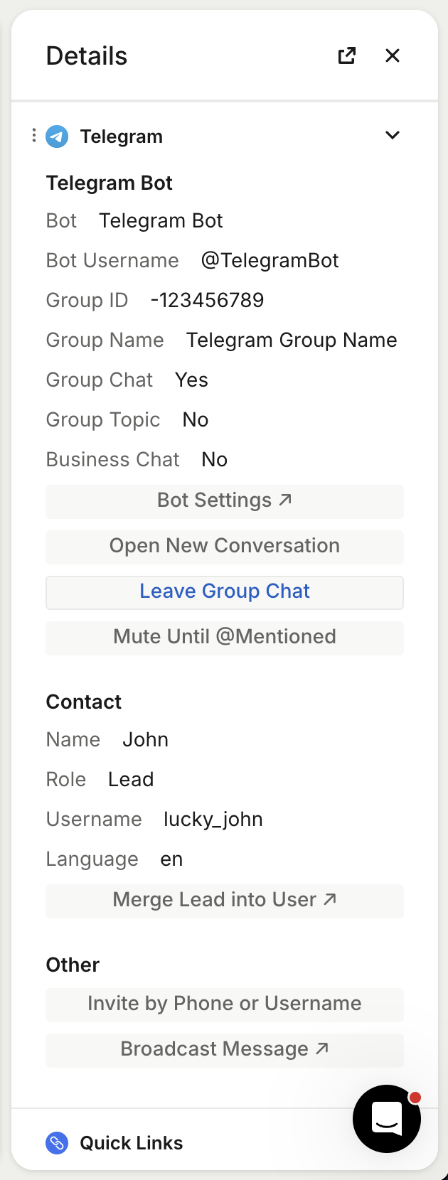 Telegram Inbox Details in Intercom