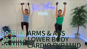 upcoming session: (2/19/25) 20-Min. Arms & Abs / 20-Min. Lower Body / 20-Min. Cardio Pyramid