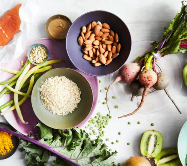 program transformation testimonial image from Healthy foods list broken down by macronutrient source, including a list of vegan protein options