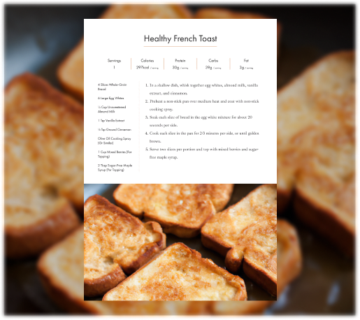 program transformation testimonial image from Healthy Protein French Toast (w/ Sample Recipe Page)