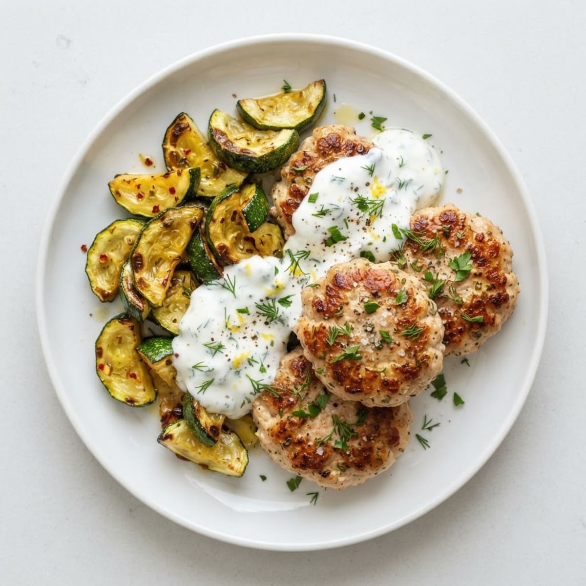 Seared Turkey Patties with Roasted Zucchini and Lemon Yogurt Sauce