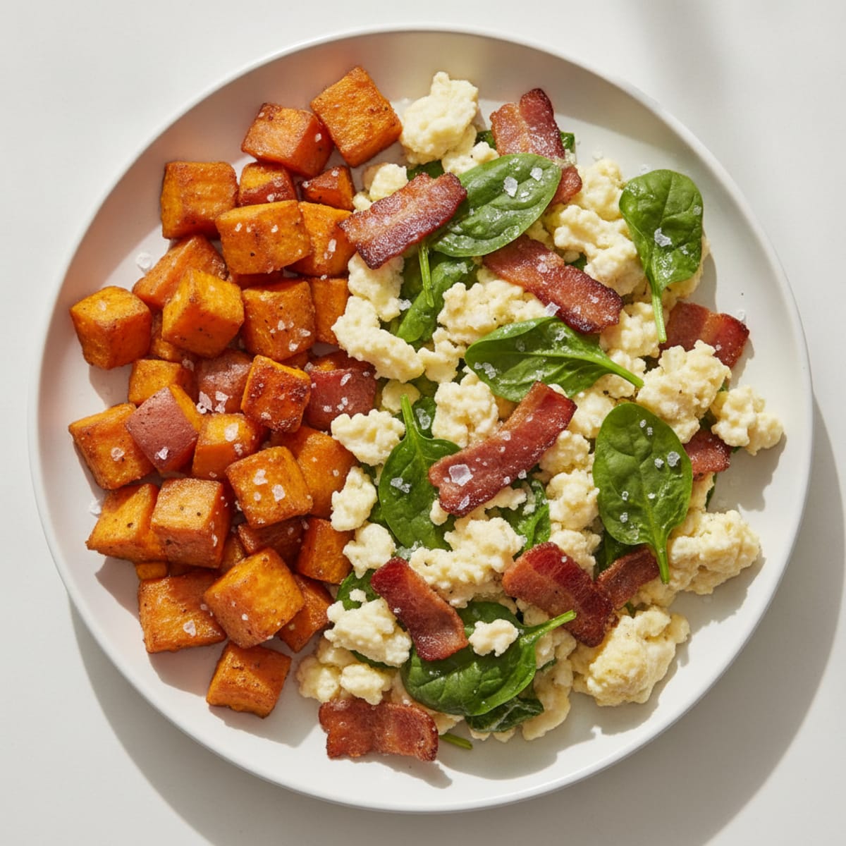 Crispy Turkey Bacon and Egg White Scramble with Roasted Sweet Potato