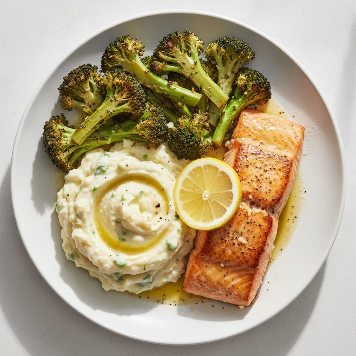 Seared Salmon with Herb-Roasted Broccoli and Garlic Mashed Potatoes