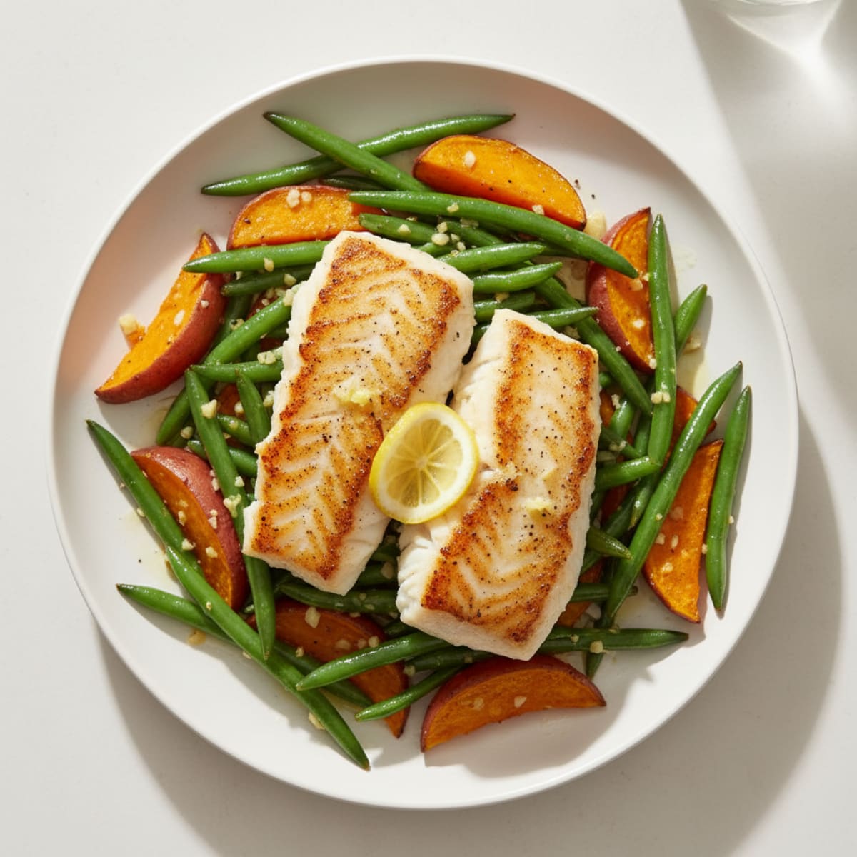 Seared Cod with Garlic Green Beans and Roasted Sweet Potatoes