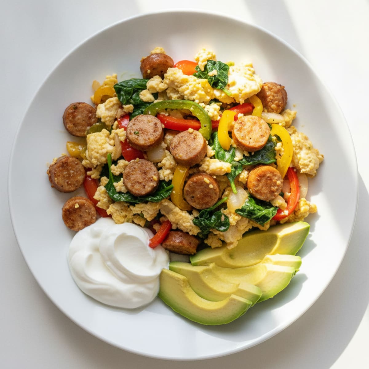 Egg White Veggie Scramble with Turkey Sausage and Greek Yogurt