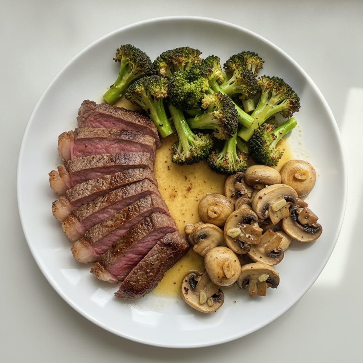 Seared Steak with Roasted Broccoli and Garlic Mushrooms