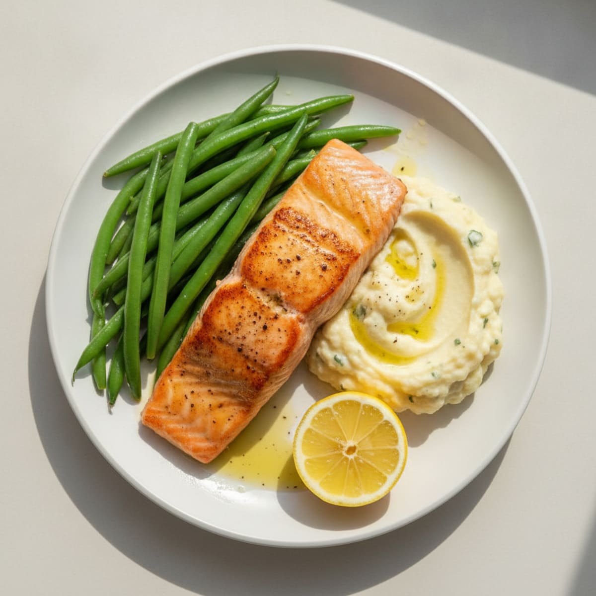 Seared Salmon with Steamed Green Beans and Garlic Mashed Cauliflower