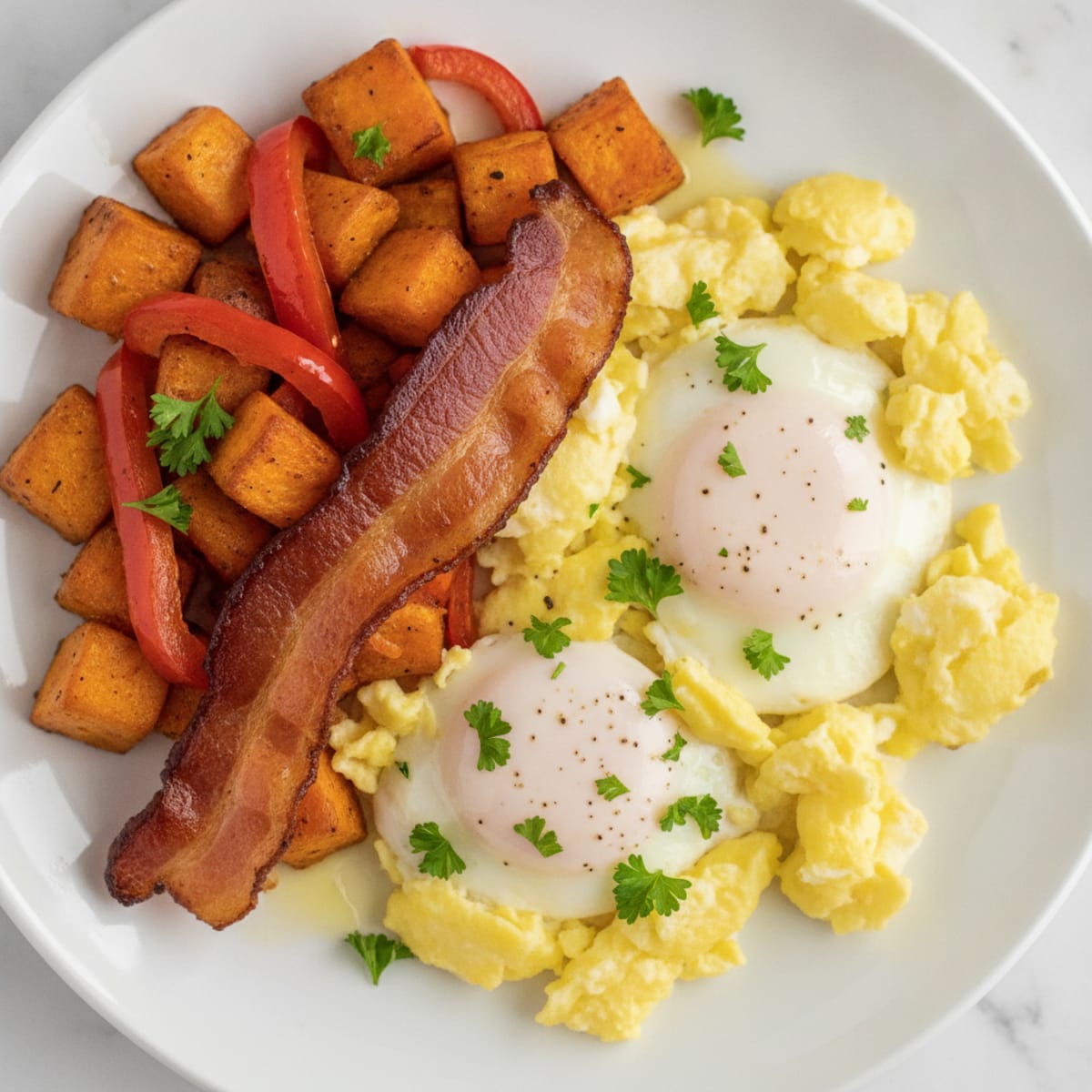 Scrambled Eggs with Crispy Turkey Bacon and Roasted Sweet Potatoes