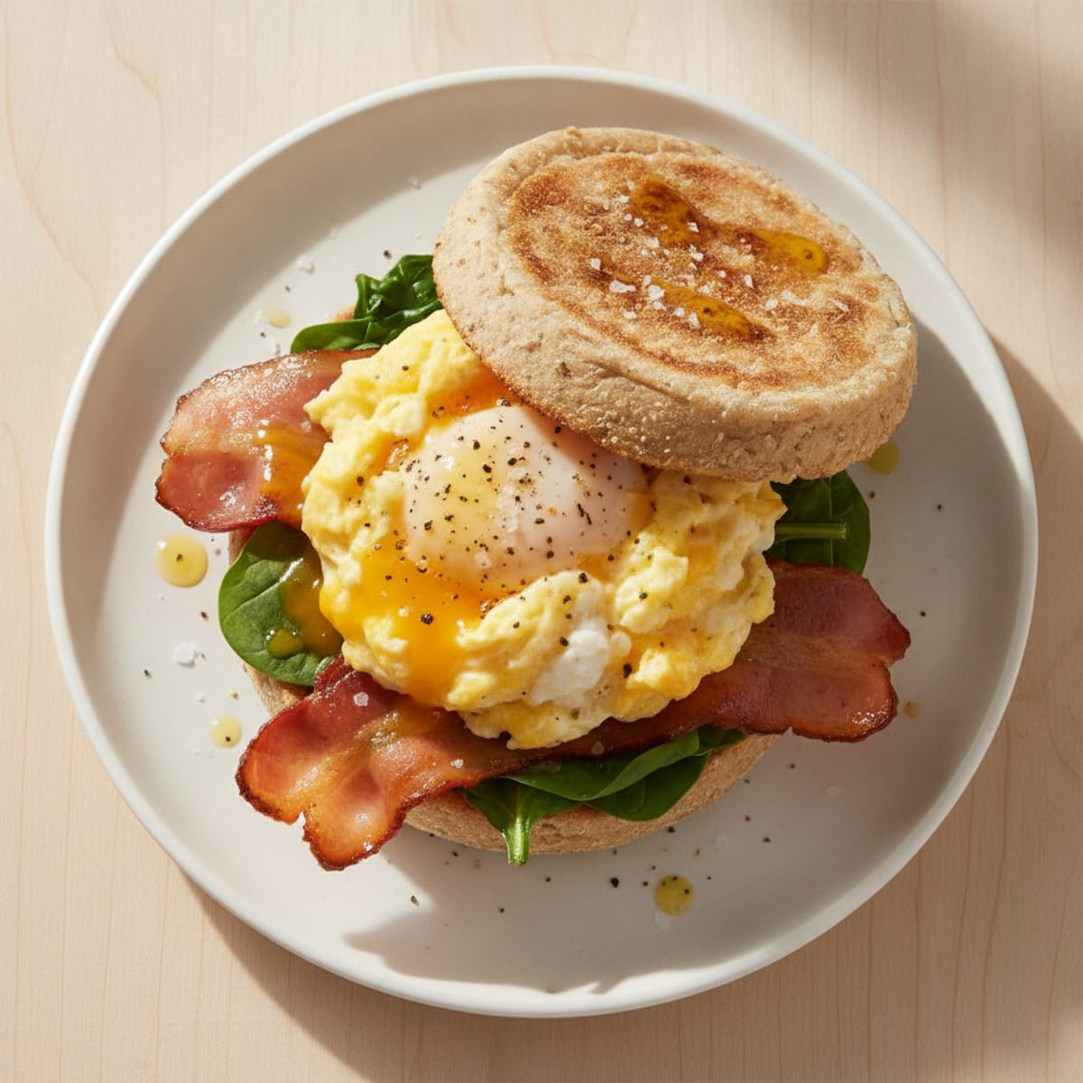 Savory Bacon Egg and Spinach English Muffin
