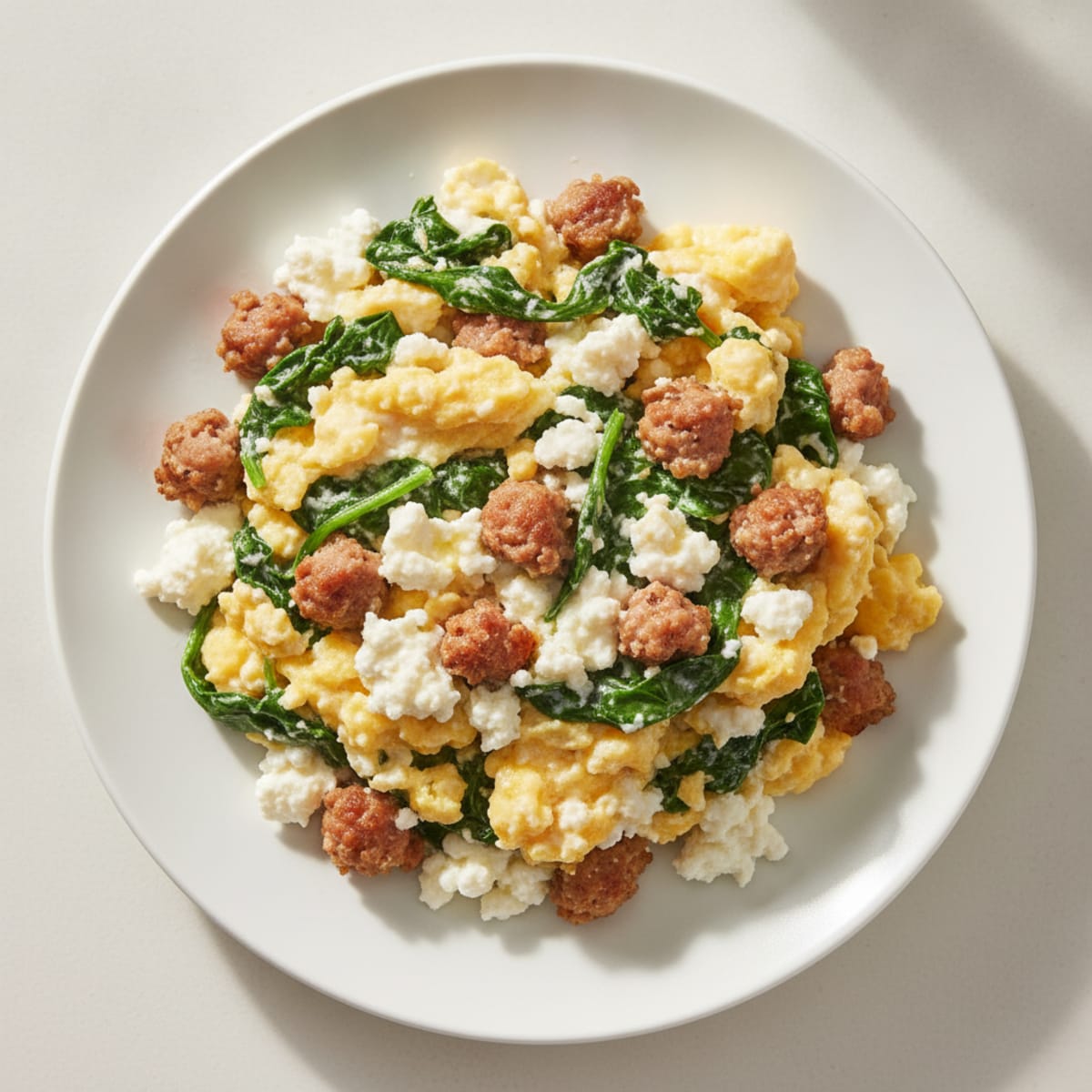 Cottage Cheese Scramble with Turkey Sausage and Sautéed Spinach