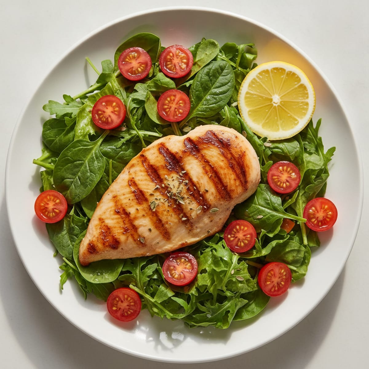 Grilled Chicken Breast Salad with Leafy Greens and Cherry Tomatoes