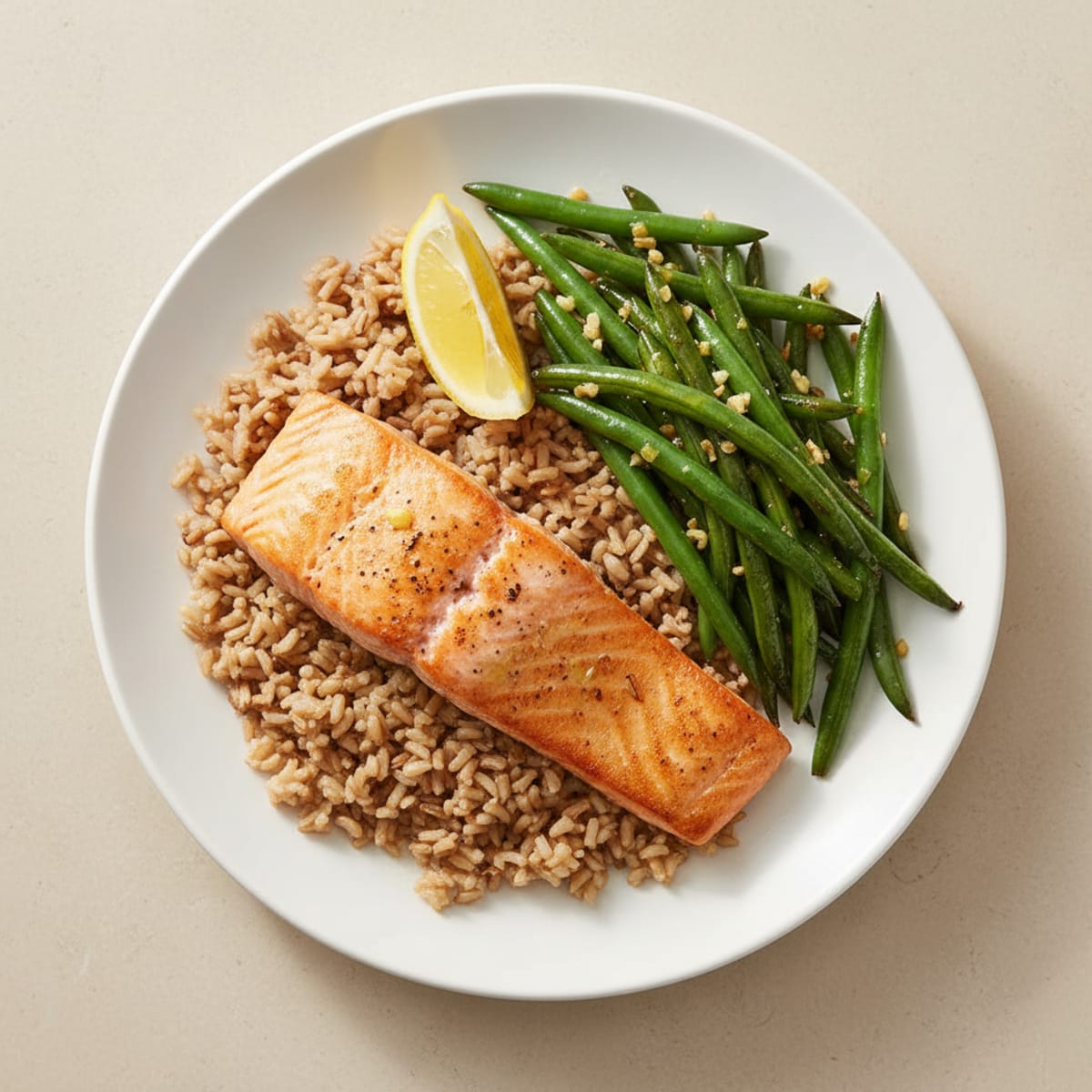 Seared Salmon Fillet with Garlic Green Beans and Brown Rice