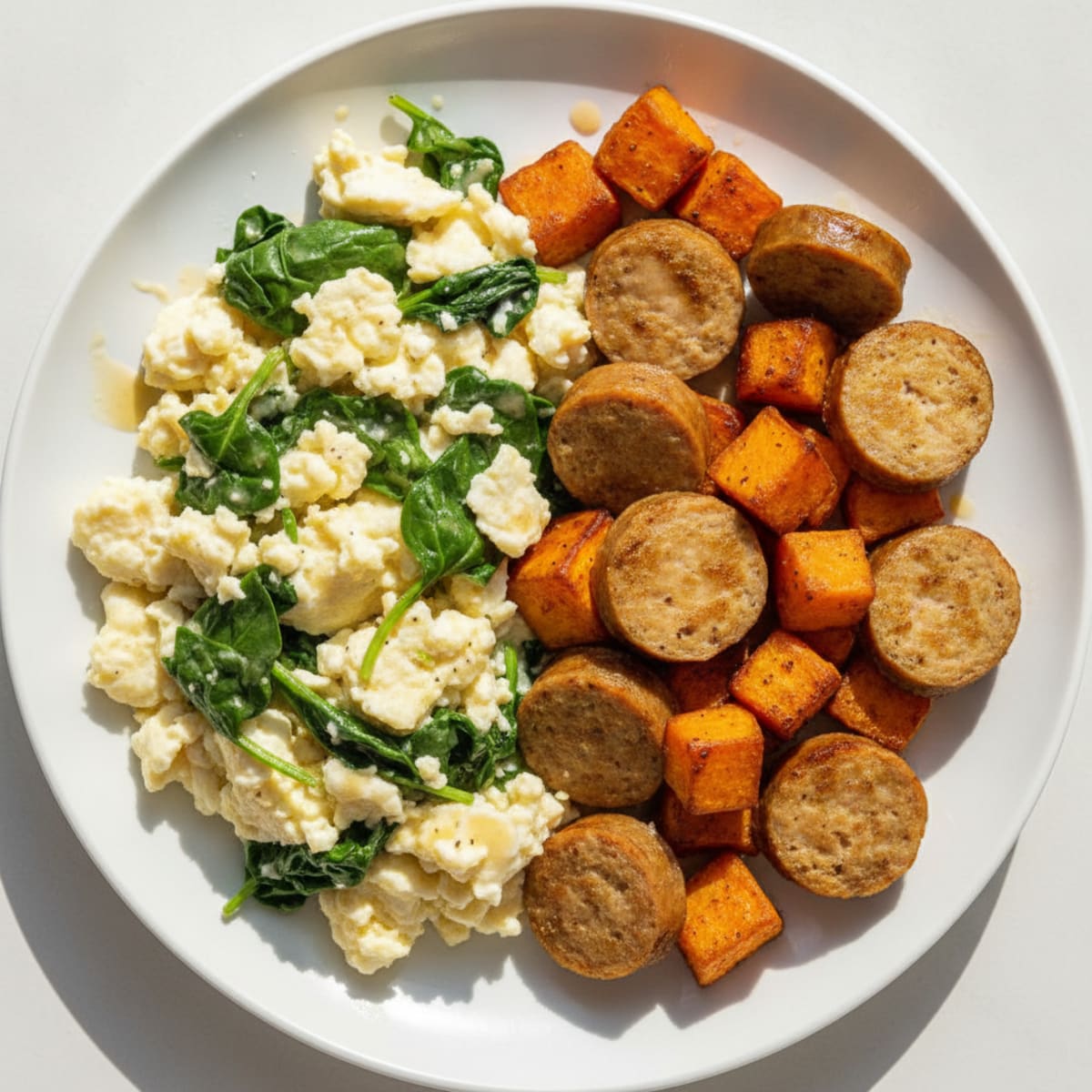 Egg White Scramble with Turkey Sausage and Roasted Sweet Potatoes