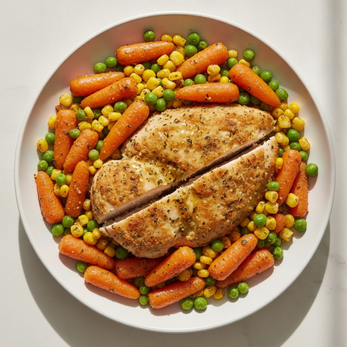 Roasted Carrot, Corn, and Pea Medley with Herb-Crusted Chicken