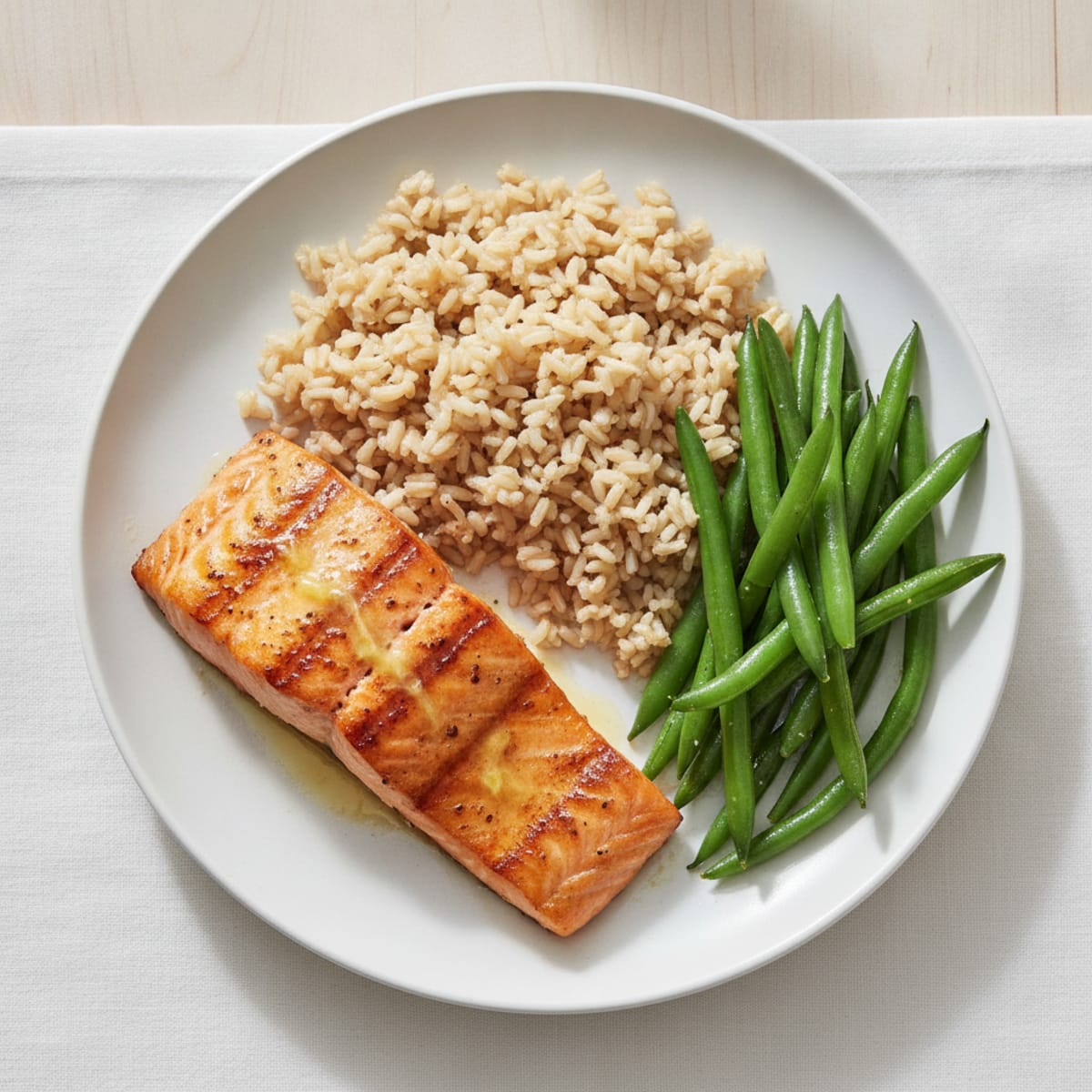 Seared Salmon Fillet with Steamed Green Beans and Brown Rice