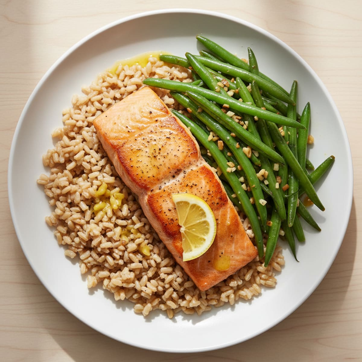 Seared Salmon with Garlic Green Beans and Brown Rice