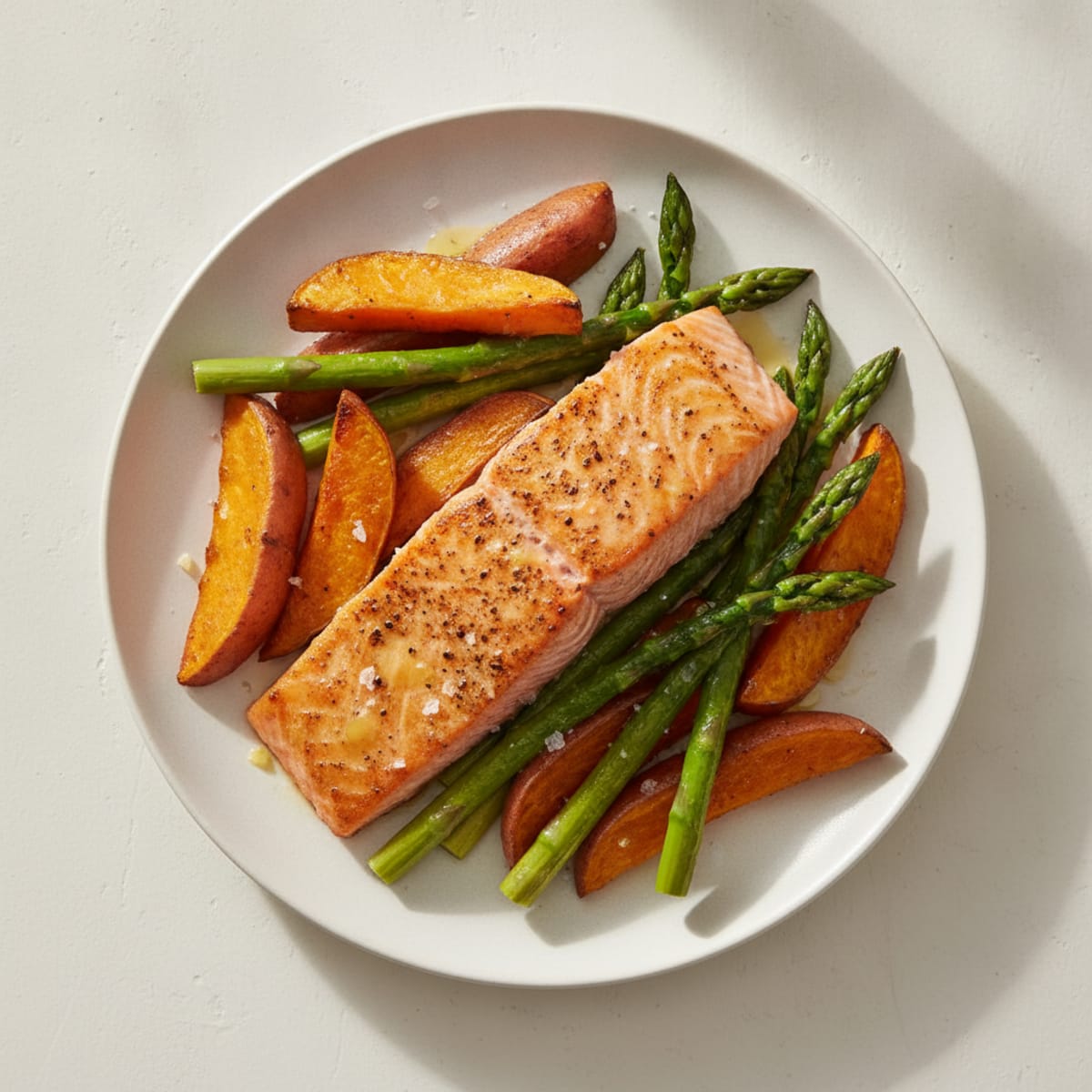 Seared Salmon with Roasted Sweet Potatoes and Asparagus