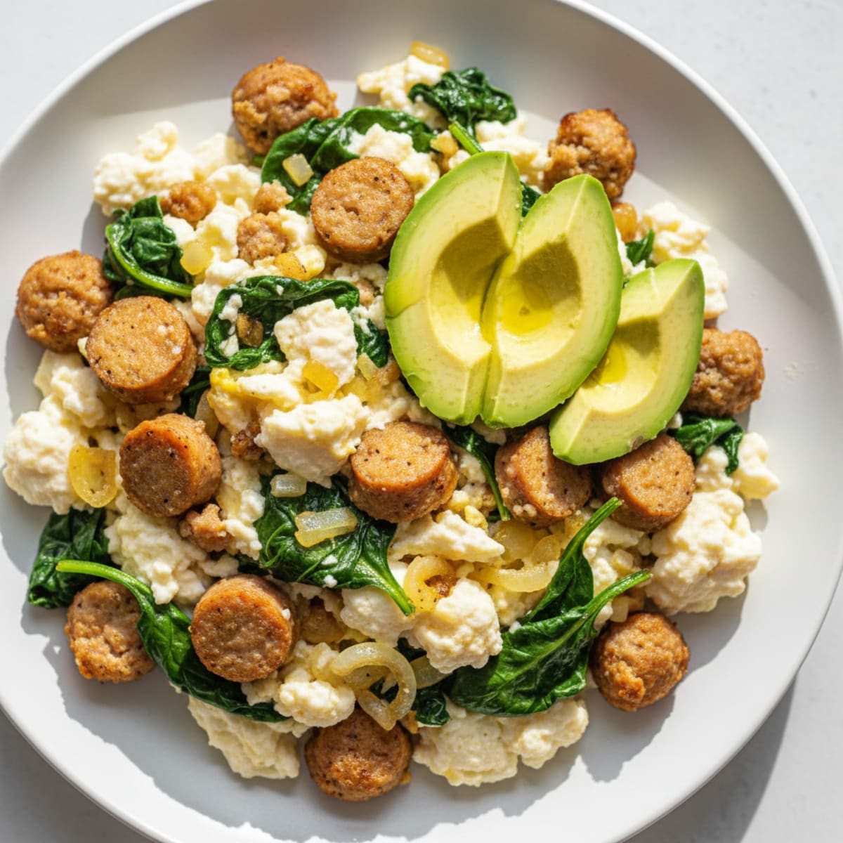 Egg White Scramble with Turkey Sausage and Sautéed Spinach