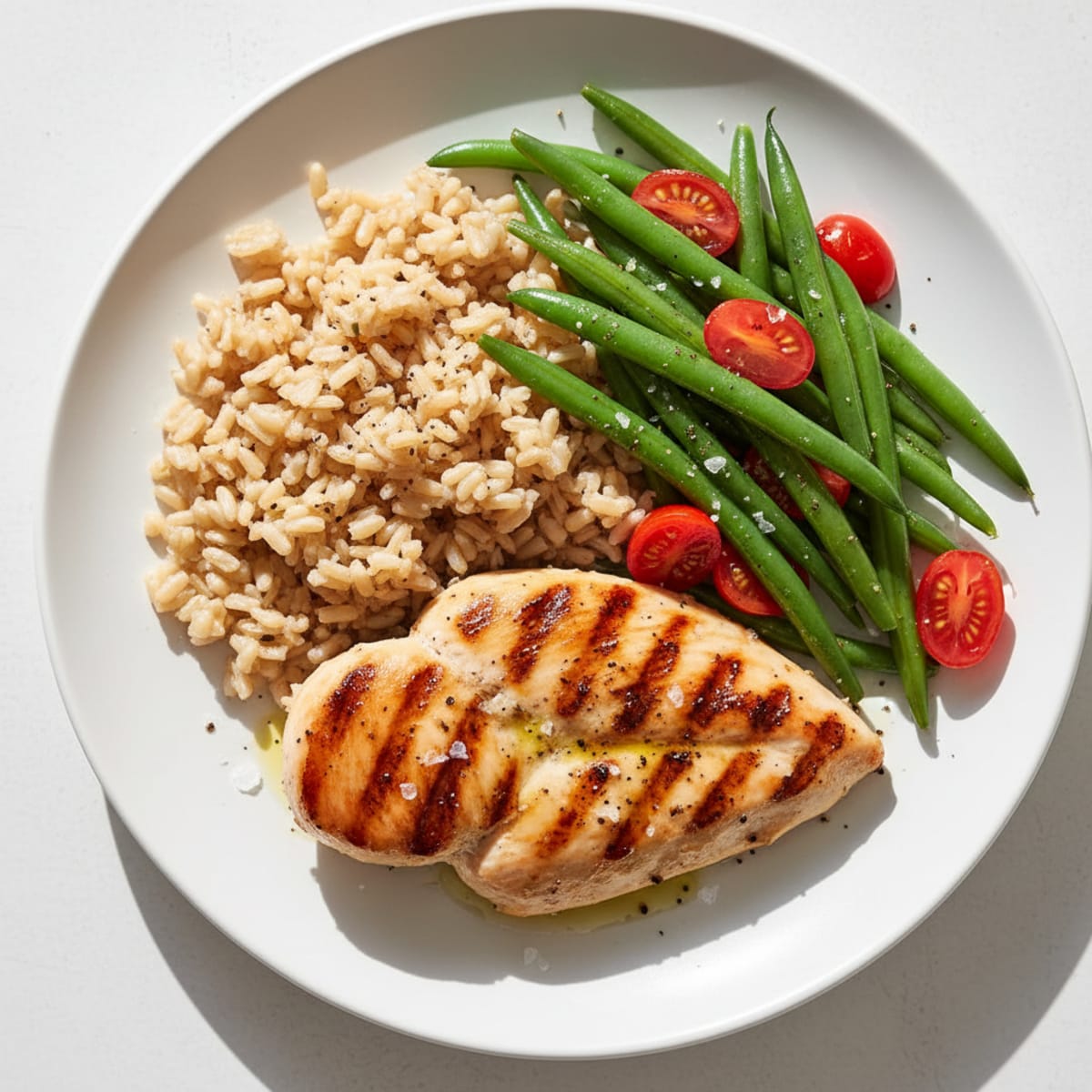 Grilled Chicken Breast with Brown Rice and Steamed Green Beans