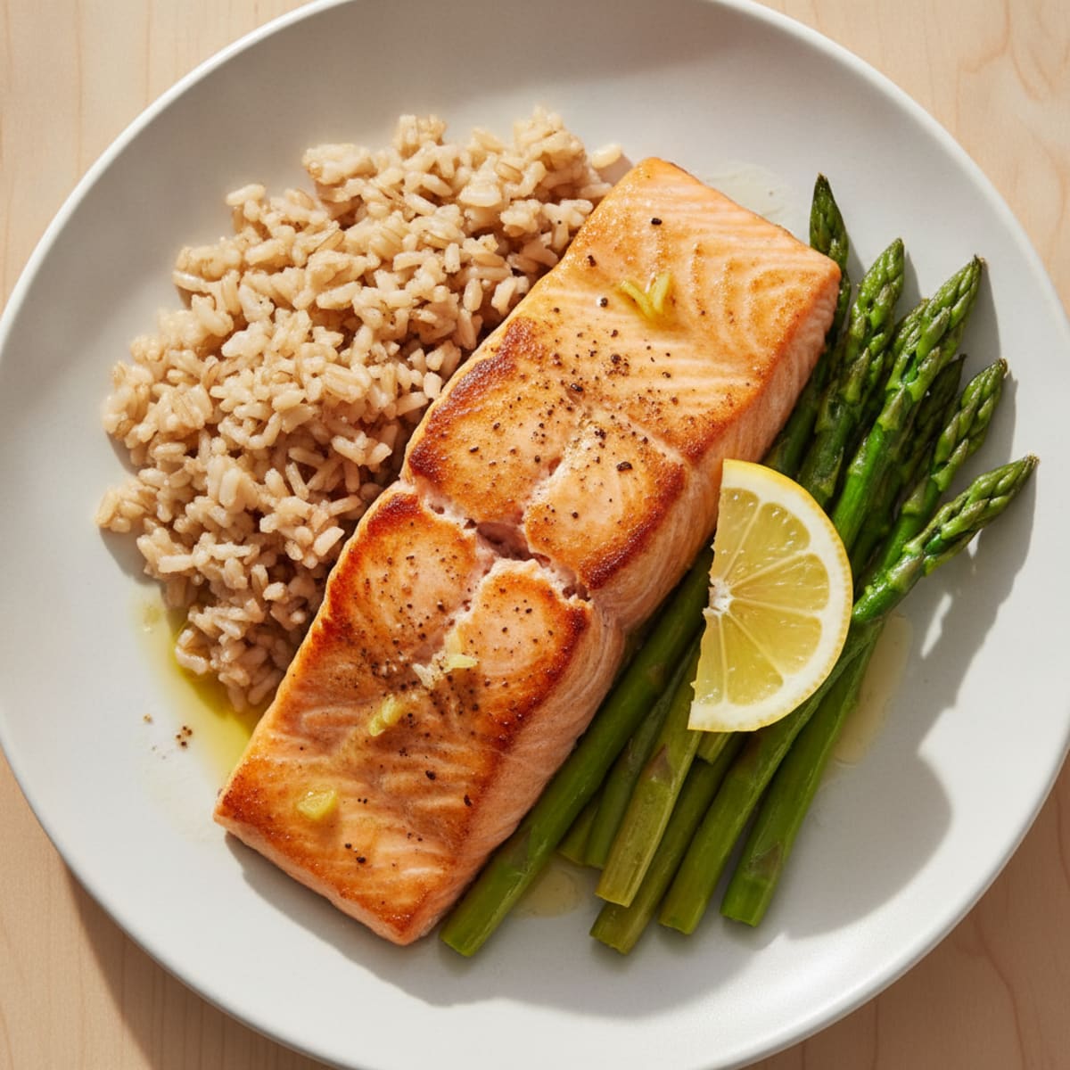 Seared Salmon with Steamed Asparagus and Brown Rice