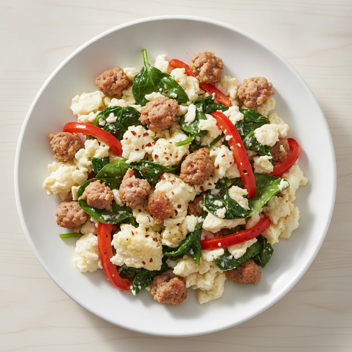 Egg White and Turkey Sausage Scramble with Sautéed Spinach