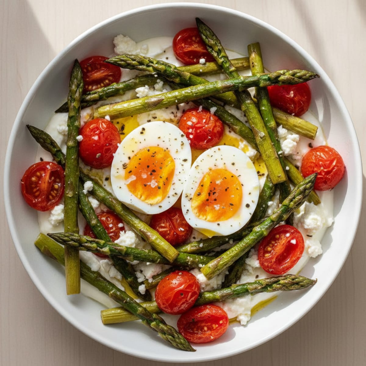 Boiled Eggs with Roasted Asparagus and Tomatoes