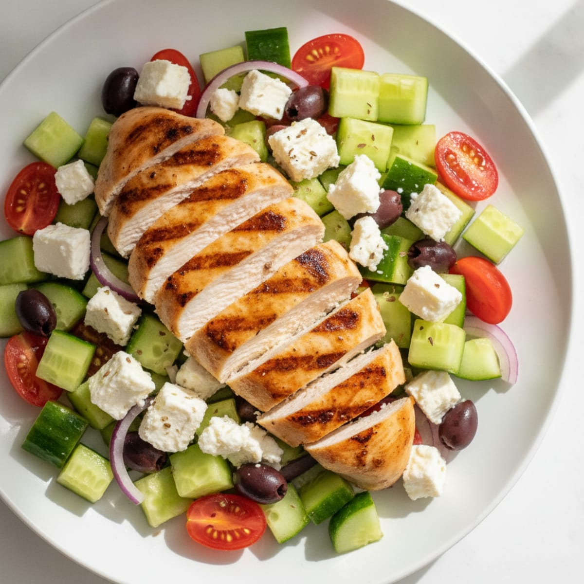 Grilled Chicken Greek Salad with Cucumber and Feta