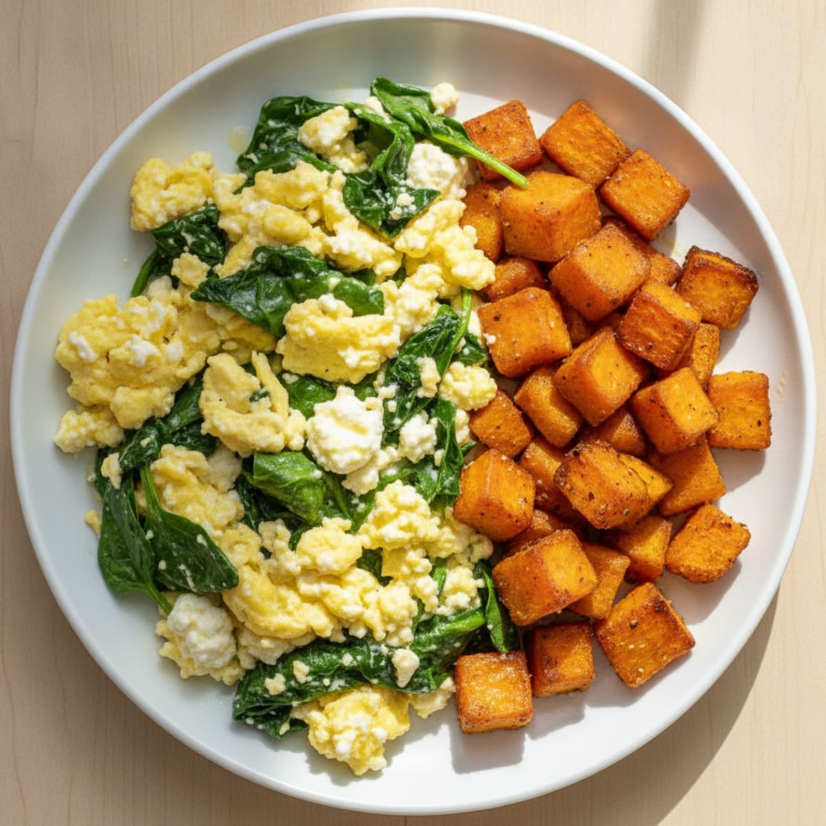 Cottage Cheese Egg Scramble with Spinach and Roasted Sweet Potato