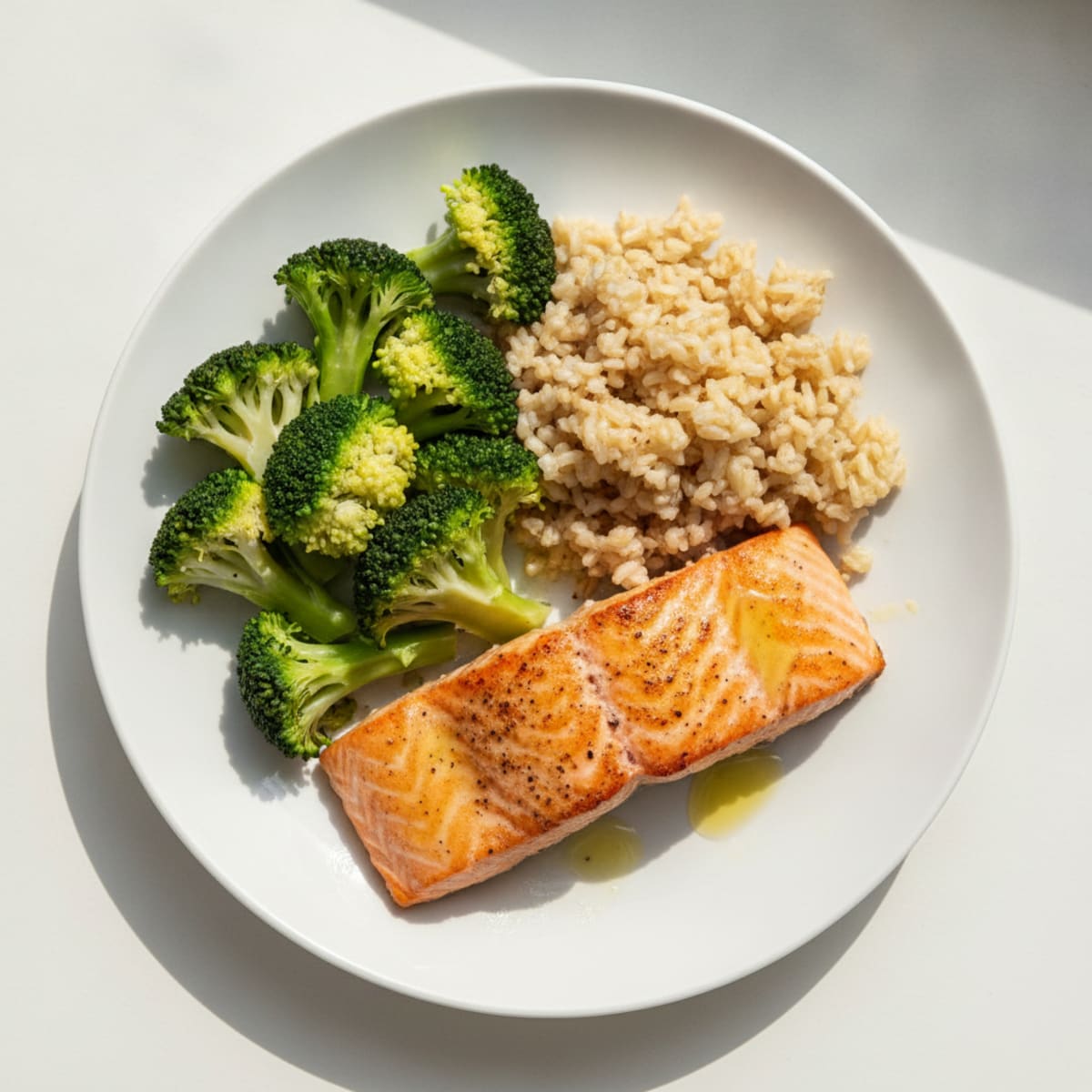 Seared Salmon with Steamed Broccoli and Brown Rice