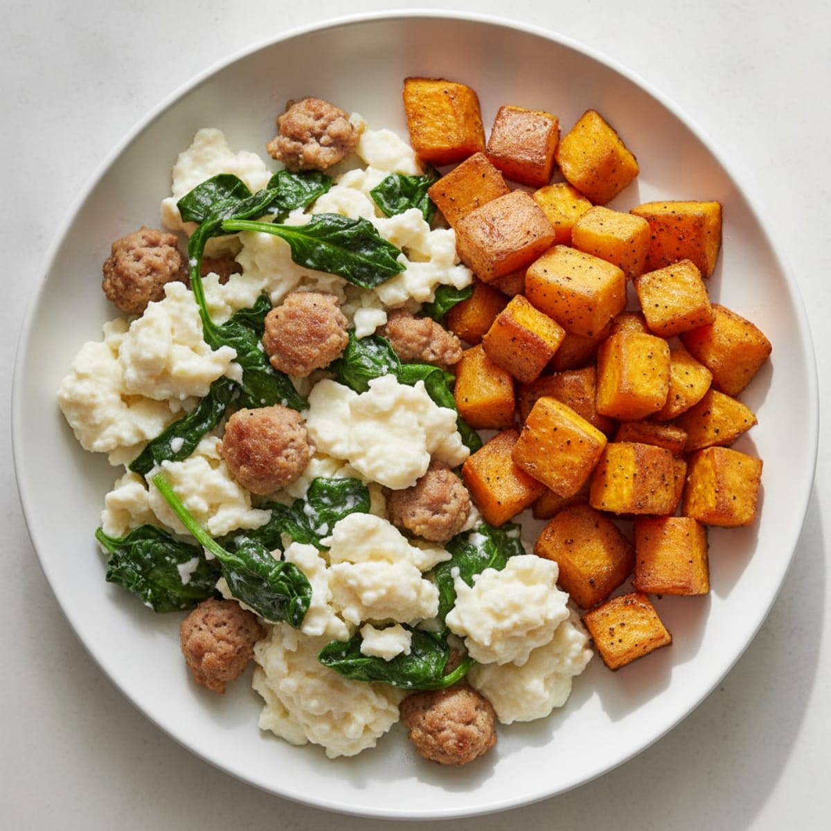 Egg White and Chicken Sausage Scramble with Spinach and Roasted Sweet Potatoes