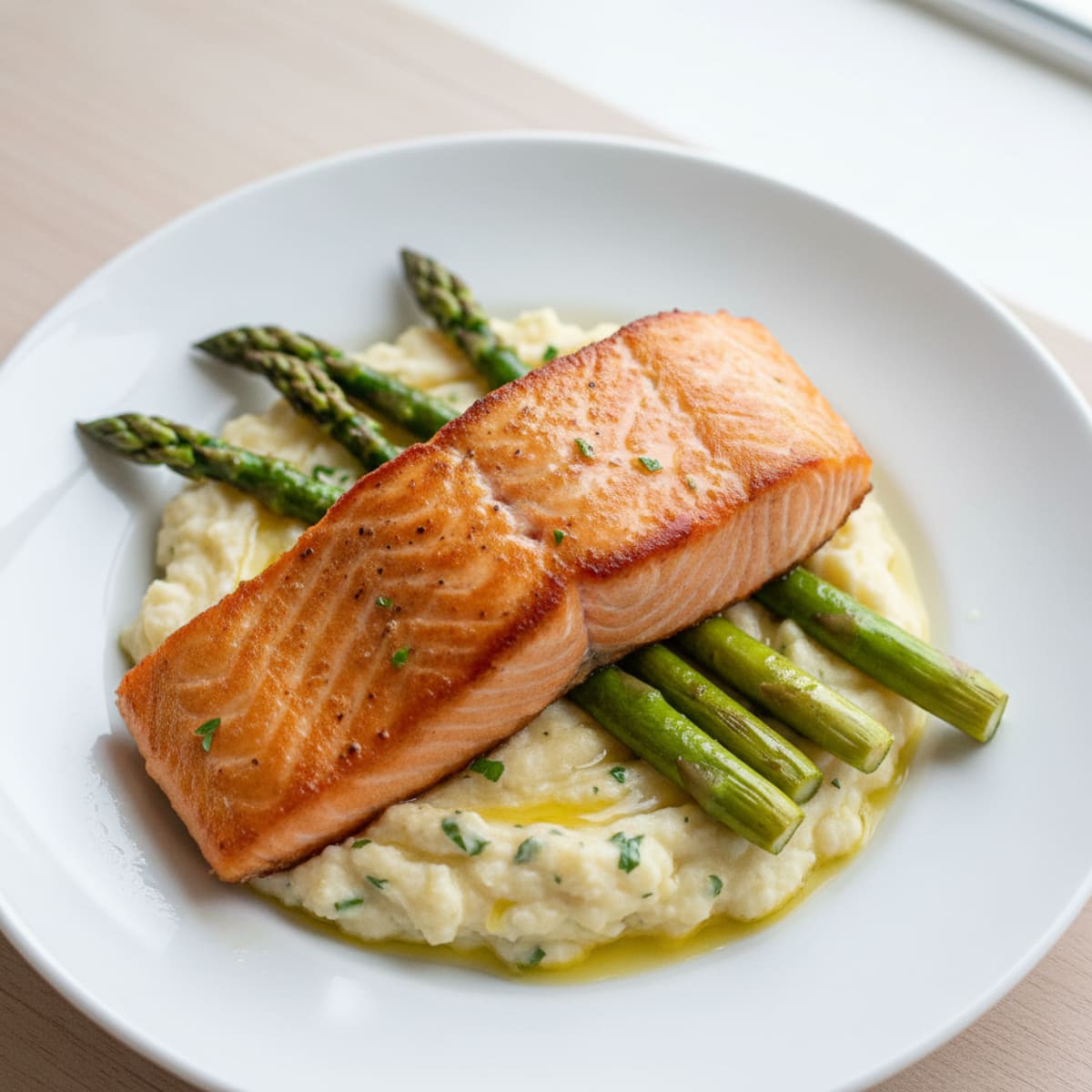 Seared Salmon Fillet with Roasted Asparagus and Cauliflower Mash