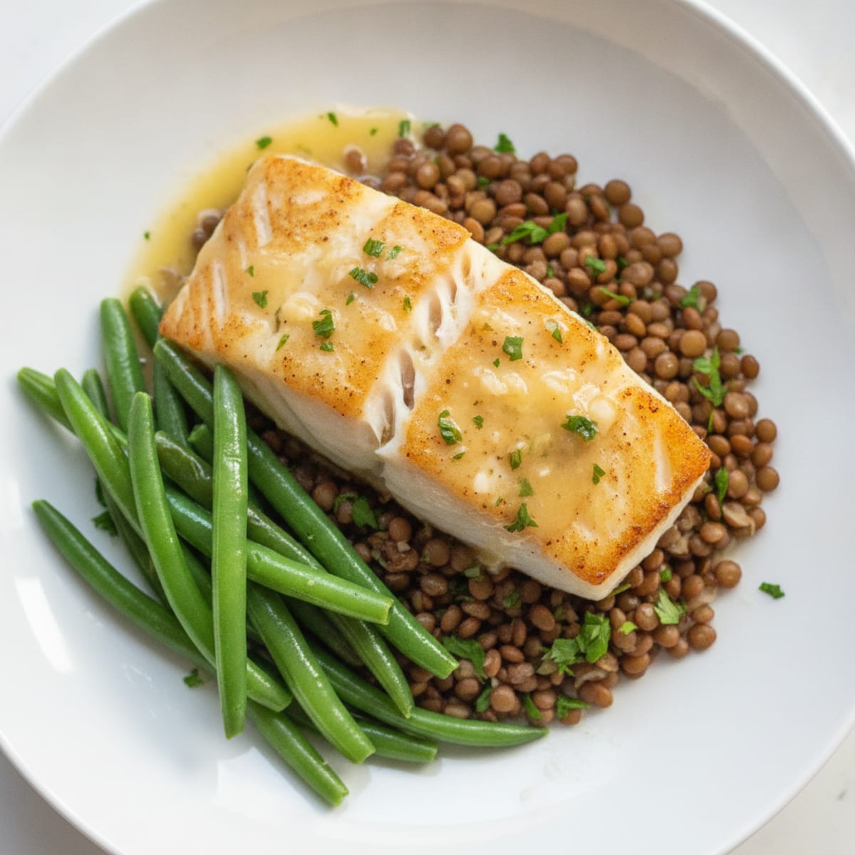 Seared White Fish with Herbed Lentils and Steamed Green Beans