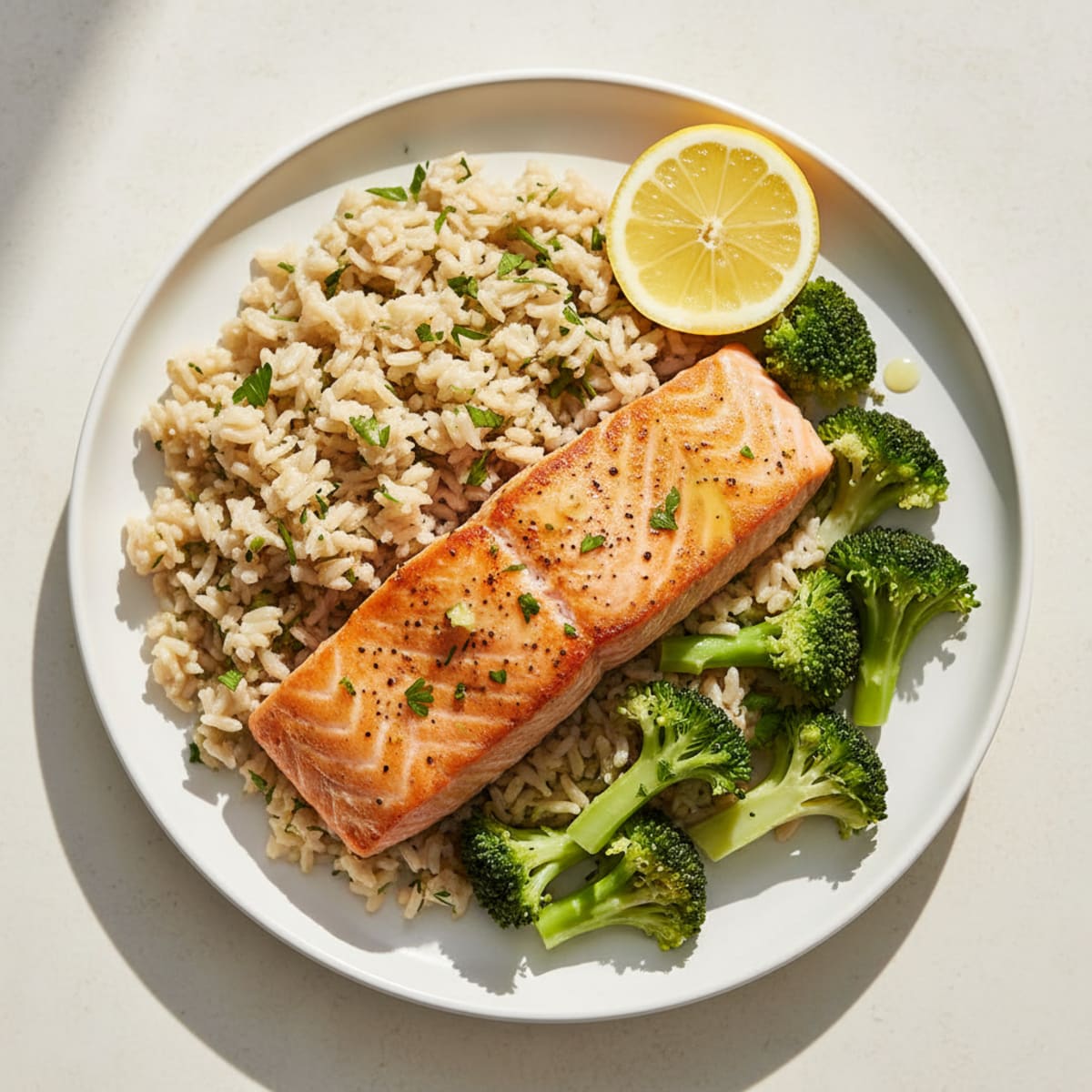 Seared Salmon Fillet with Steamed Broccoli and Herbed Brown Rice