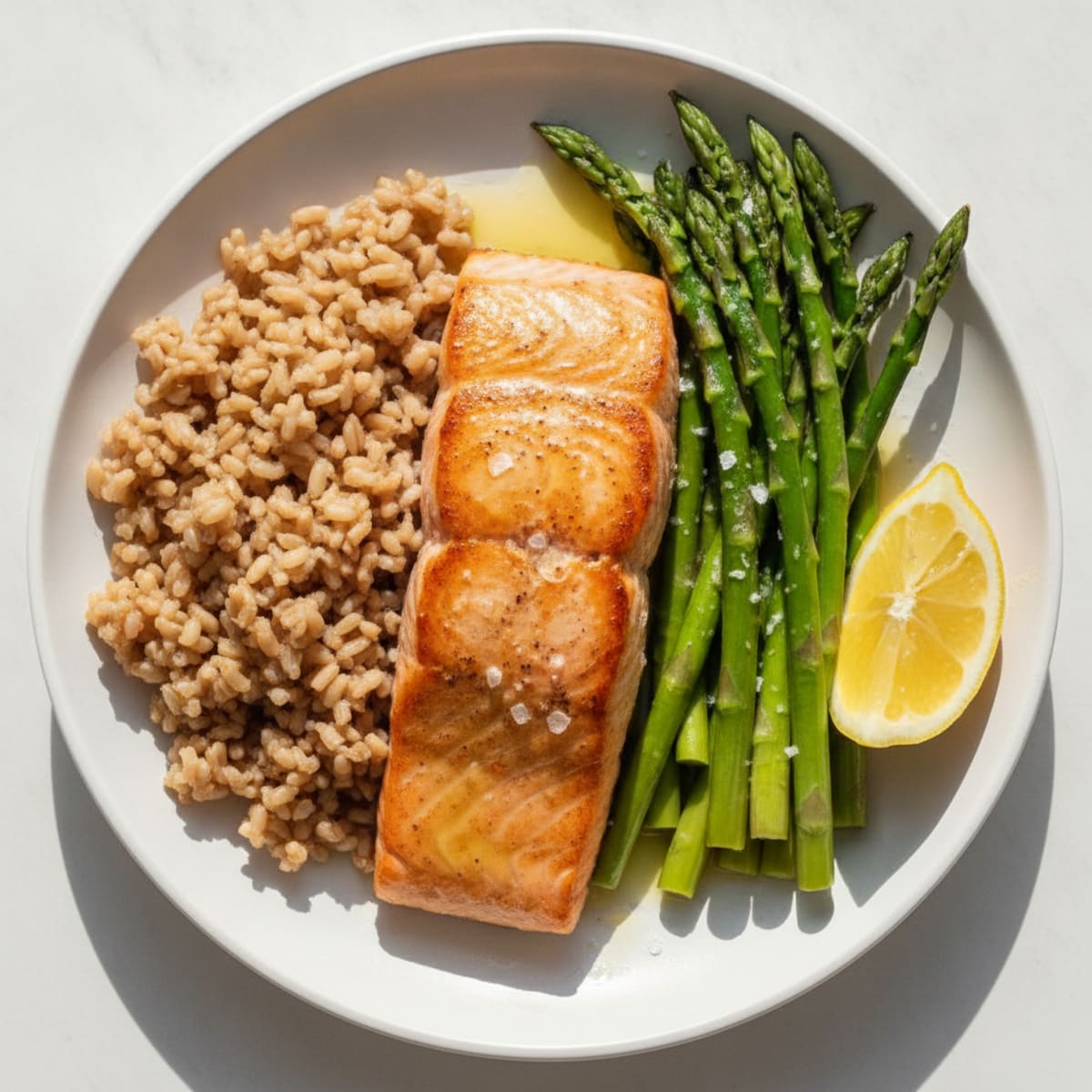 Seared Salmon with Steamed Asparagus and Brown Rice