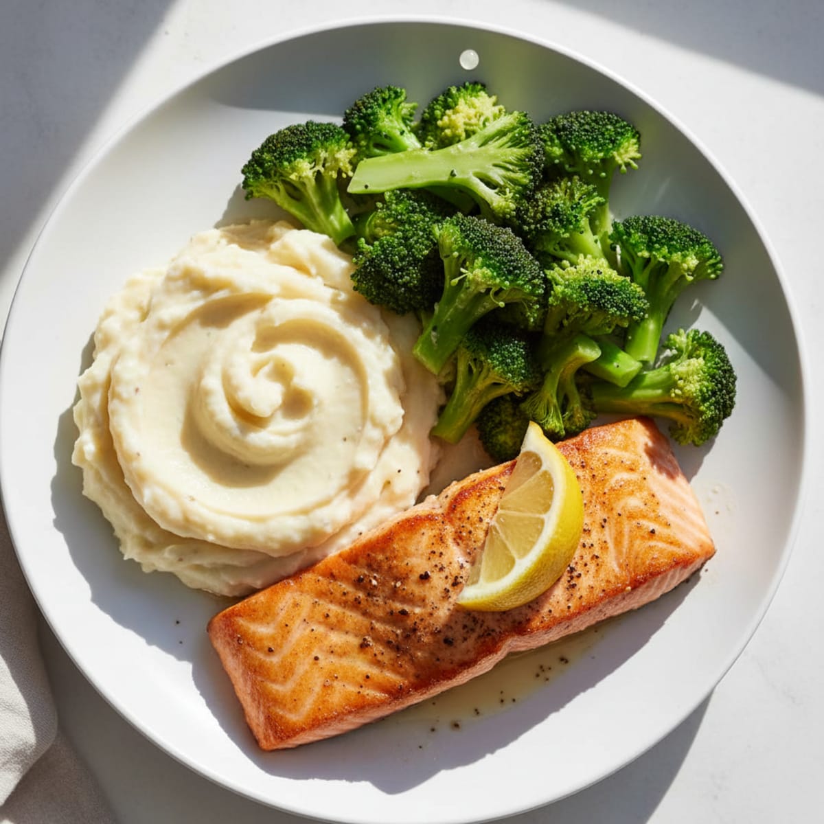 Seared Salmon with Steamed Broccoli and Garlic Mashed Potatoes