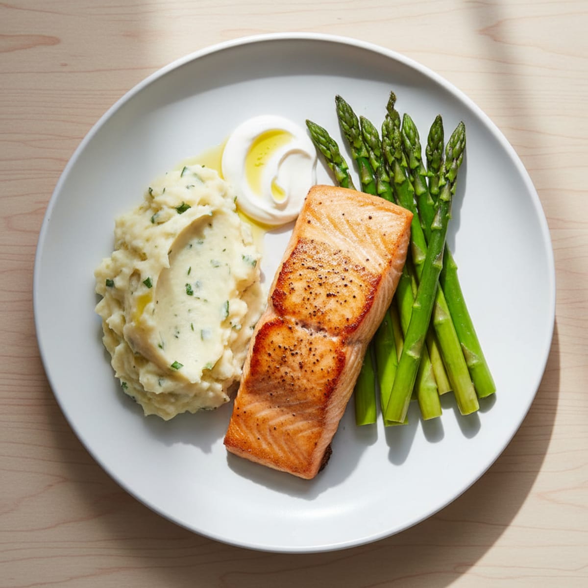 Seared Salmon with Steamed Asparagus and Garlic Mashed Potatoes