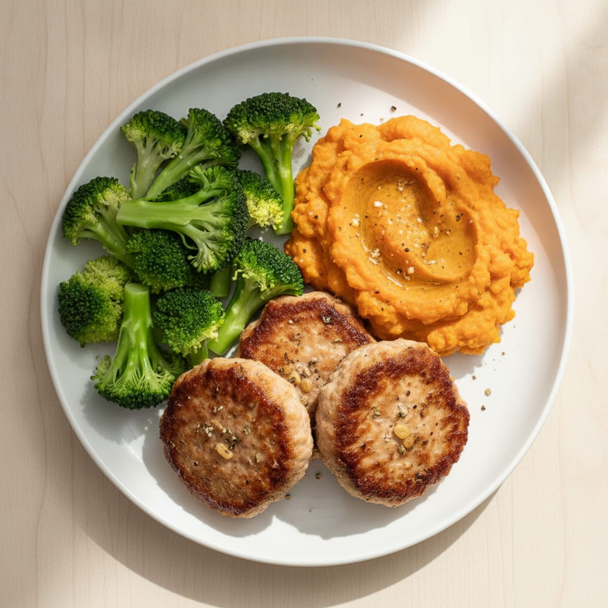 Seared Turkey Patties with Steamed Broccoli and Sweet Potato Mash