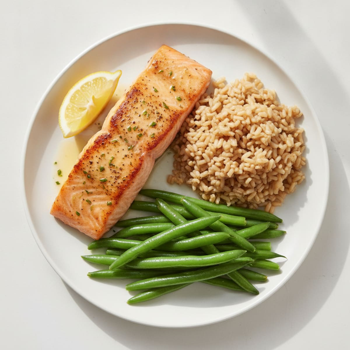 Seared Salmon Fillet with Steamed Green Beans and Brown Rice