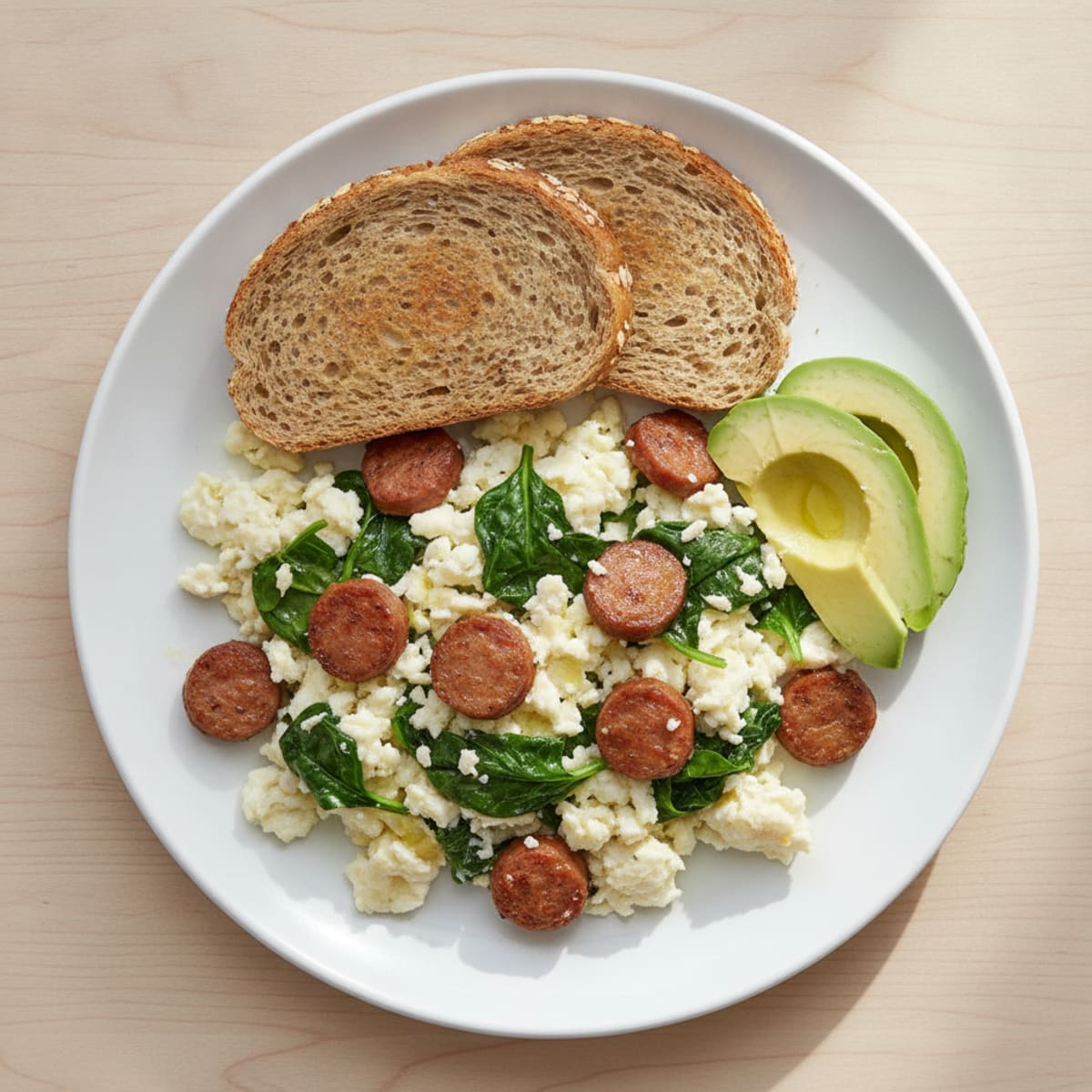 Egg White Scramble with Turkey Sausage and Spinach