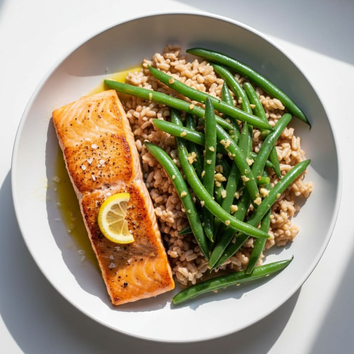 Seared Salmon with Garlic Green Beans and Brown Rice
