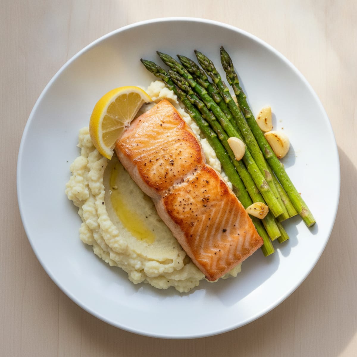Seared Salmon with Roasted Asparagus and Cauliflower Mash