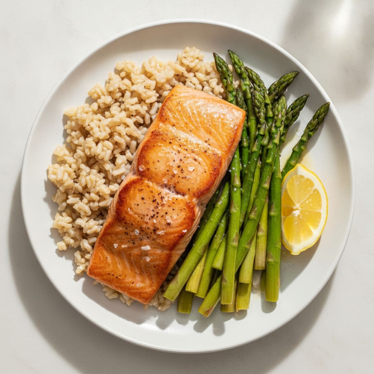 Seared Salmon Fillet with Steamed Asparagus and Brown Rice