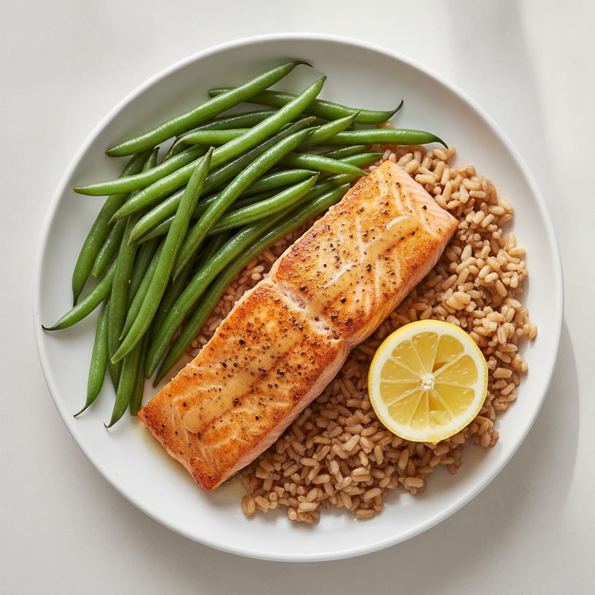 Seared Salmon with Steamed Green Beans and Brown Rice