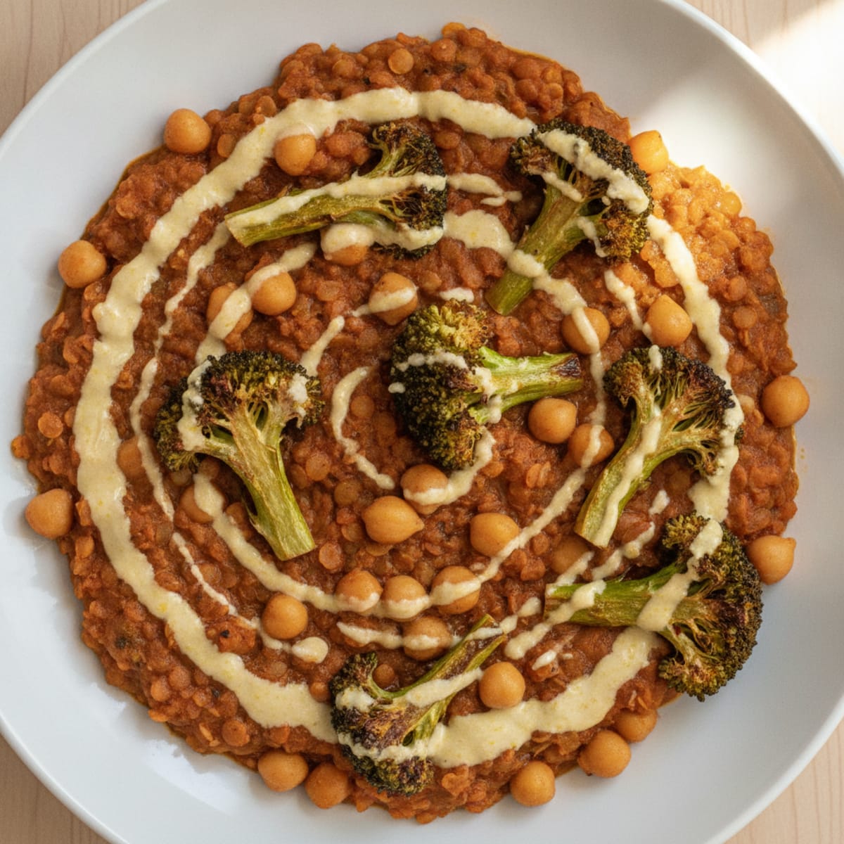 Lentil and Chickpea Stew with Roasted Broccoli and Tahini Drizzle