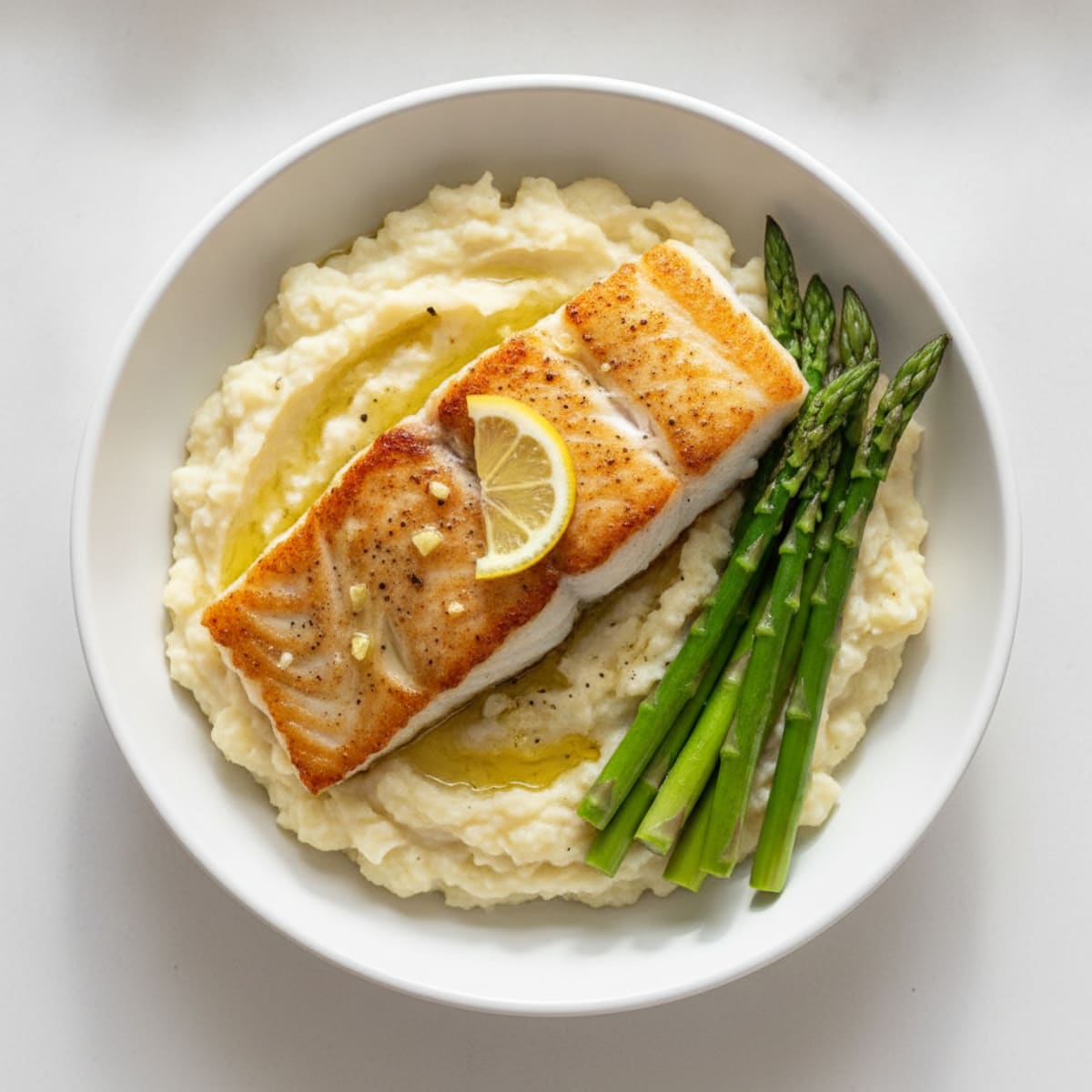Seared Cod with Steamed Asparagus and Garlic Cauliflower Mash
