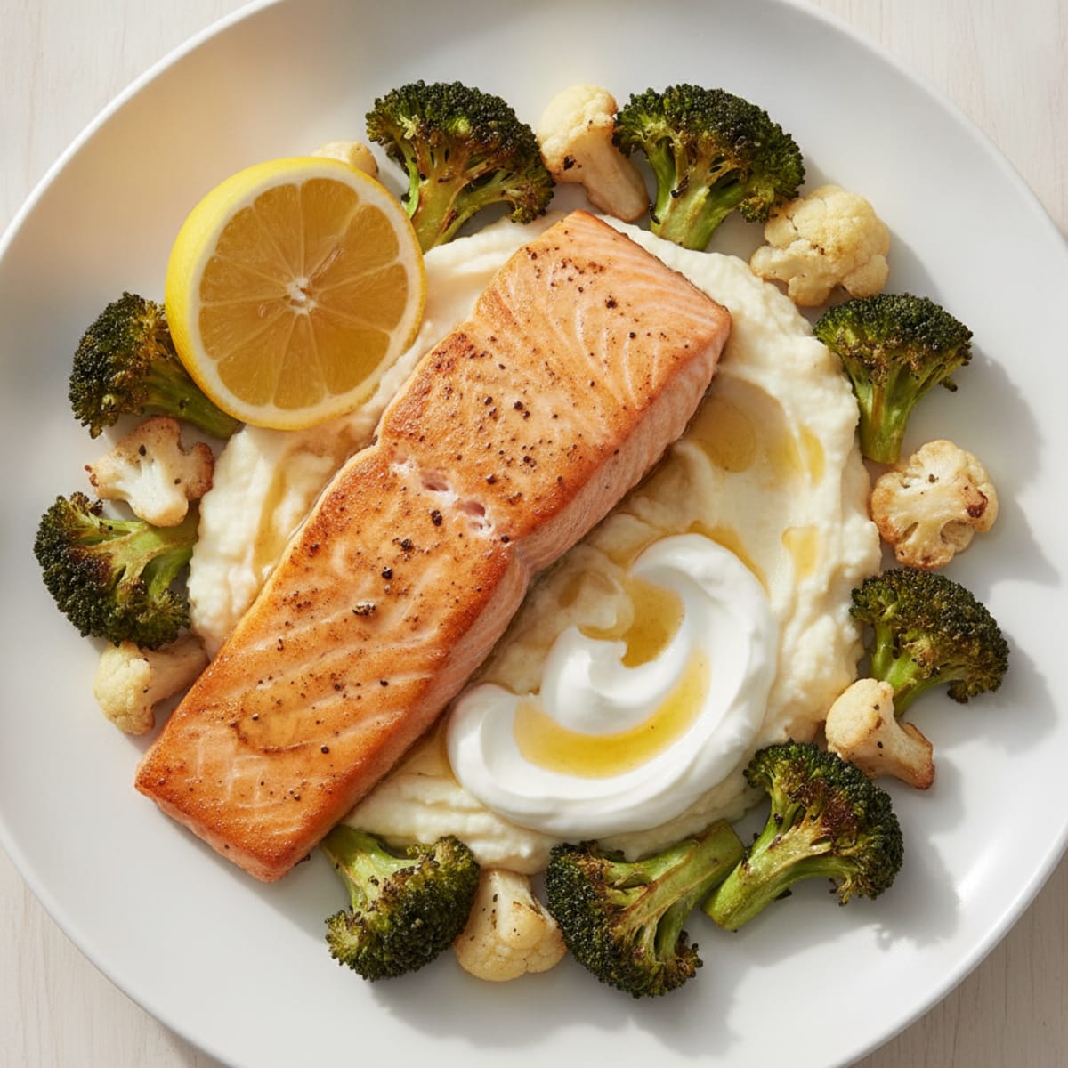 Seared Salmon with Roasted Broccoli and Cauliflower Mash