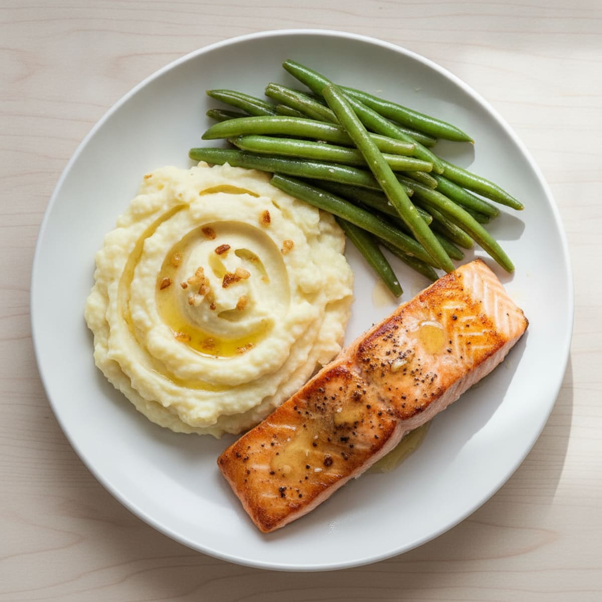 Seared Salmon with Steamed Green Beans and Garlic Mashed Cauliflower