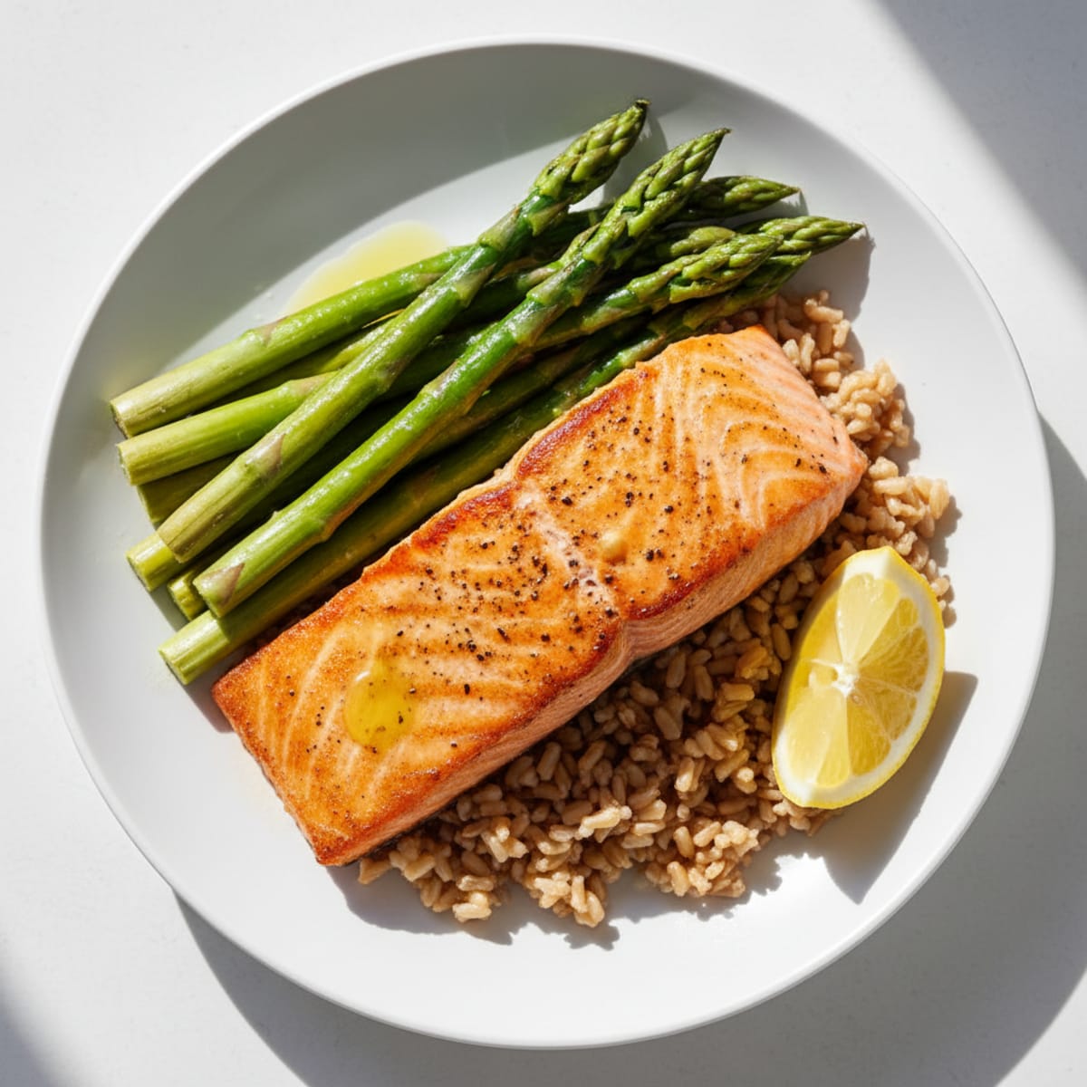 Seared Salmon Fillet with Steamed Asparagus and Brown Rice